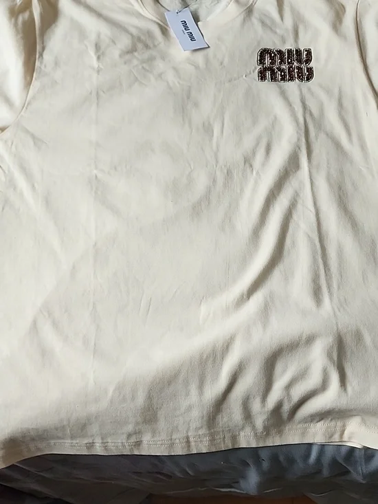 Miu Miu Cream Short-Sleeve Logo Tee - Picture 1 of 5